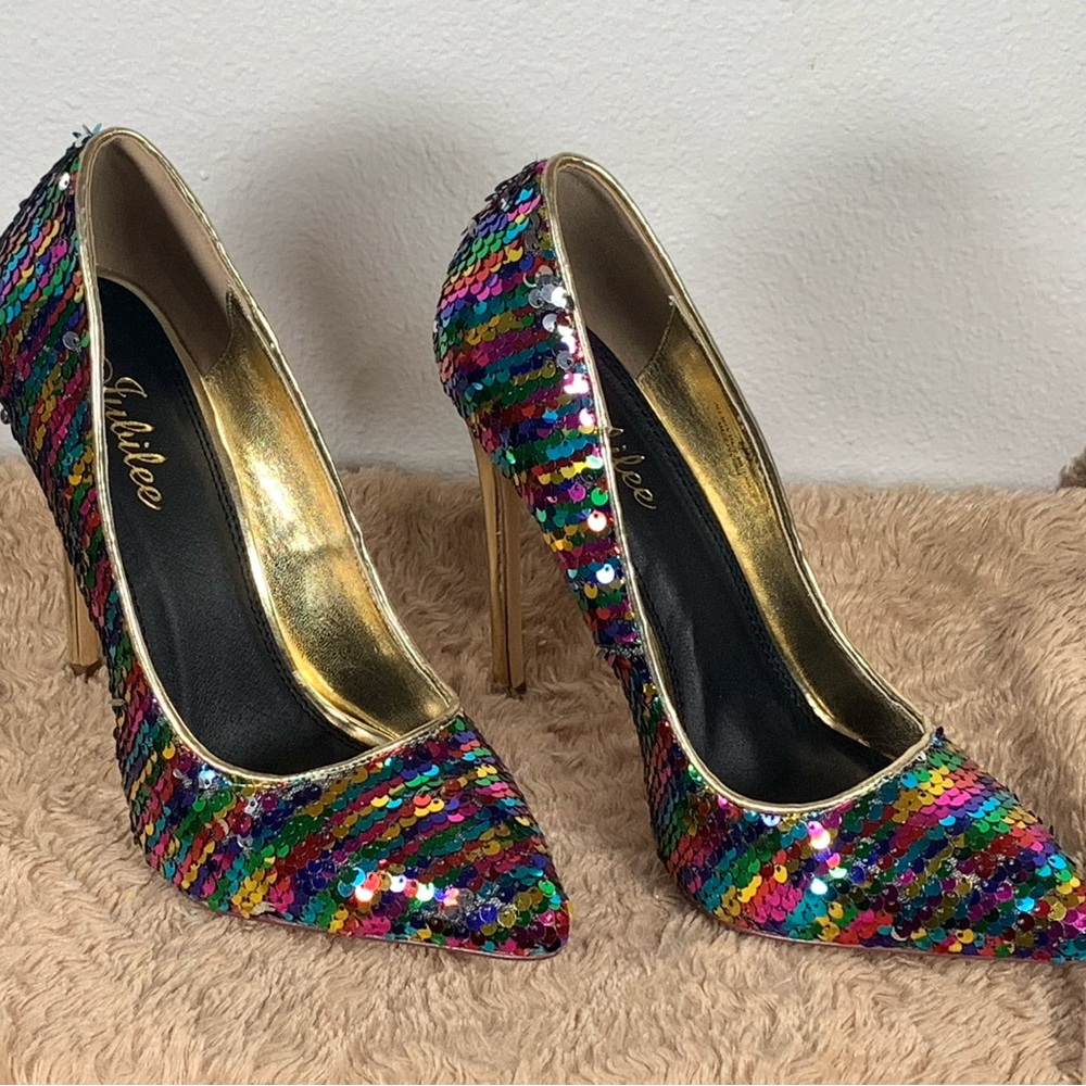 Jubilee Rainbow Sequin Heels, Size 9.
